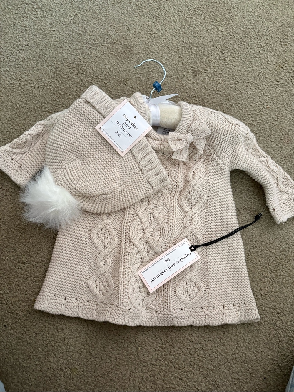 Girls Cream Cable Knit Jacket with Pom Hat
